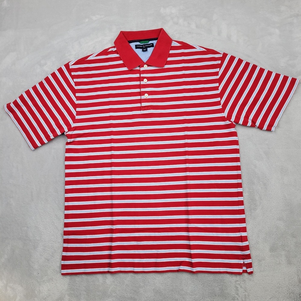 Tommy Hilfiger Shirt Mens Large Golf Polo Cotton Performance Bayadere Red Adult*